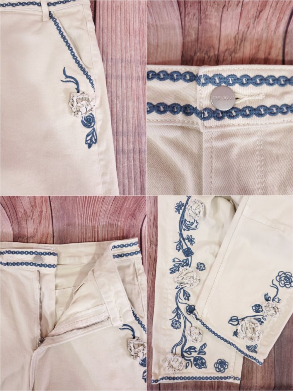 Driftwood Womens 30x26 Barbara Barrel Leg Embroidered Jeans Cream Floral Boho - Picture 4 of 15